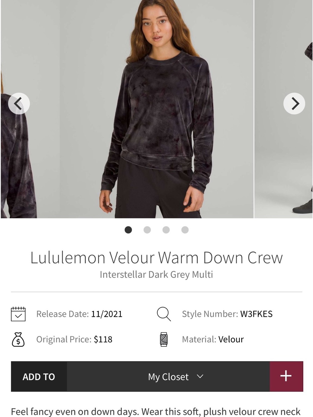 Lululemon Velour Warm Down Crew - Interstellar Dark Grey Multi -8